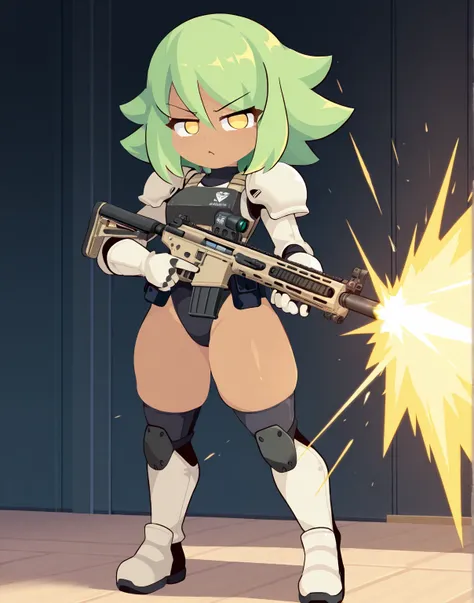 masterpiece, best quality, amazing quality, high resolution, absurdres, 1girl, solo,

a desert mercenary female bio-android with short, choppy green hair and intense yellow eyes. She wears a practical, tan-colored tactical uniform with thick, high-necked a...