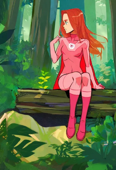 (atom_eve:0.5), 1girl, pink bodysuit, cape, , forest, sitting, best quality, highres