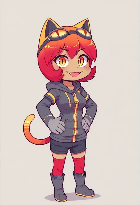 score_9, score_8_up, score_7_up, BREAK,
1girl, boopies, orange yellow eyes, furry, noseless, chibi, goggles, tail, body fur, catgirl, medium breasts, human style hands, fang, orange red hair, grey clothes, sleeve gloves, thigh high red socks, cat paw print...