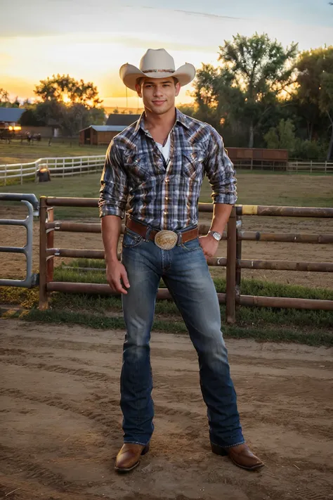 outdoors, golden hour, wooden corral of horses, standing, BrentEverett, smiling, sexycowboy, (cowboy hat), (plaid shirt), denim blue jeans, belt, silver belt buckle, (((full body portrait))), wide angle,  <lora:Clothing - Sexy Cowboy:0.45> <lora:BrentEvere...