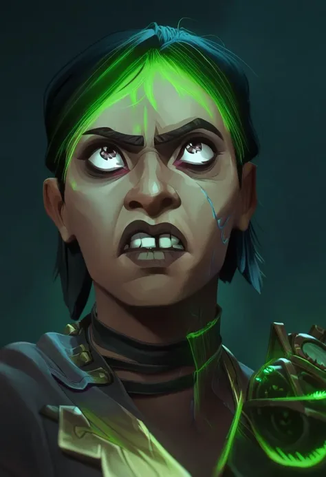 score_9, score_8_up, score_7_up, score_6_up,  
s3v1k4, Sevikachembarons ,Sevika /(league of legends arcane/), 1girl, solo, short hair, bangs, black hair, 1boy, parted lips, green hair, teeth, choker, shiny, dark skin, glowing, black choker, looking up, cle...