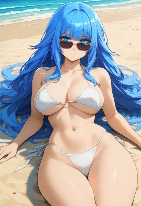 charlotte_wraith, blue eyes, blue hair, large breasts, thick waist, nice thighs, sunglasses, leaning back, white bikini, beach, ocean, highly detailed, csr style, mammoth_metal_style
absurdres, high quality, score_7_and_up