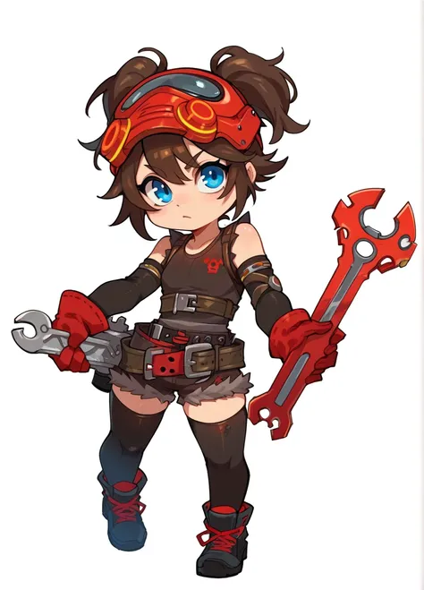 <lora:FN_Machinist-PONY:0.8> fnmachinist, goggles on hair, 1girl, solo, short hair, twintails, blue eyes, detached sleeves, red gloves, holding weapon, red wrench, shorts, thighhighs, belt, white background, full body, chibi, score_8_up, score_7_up, score_...