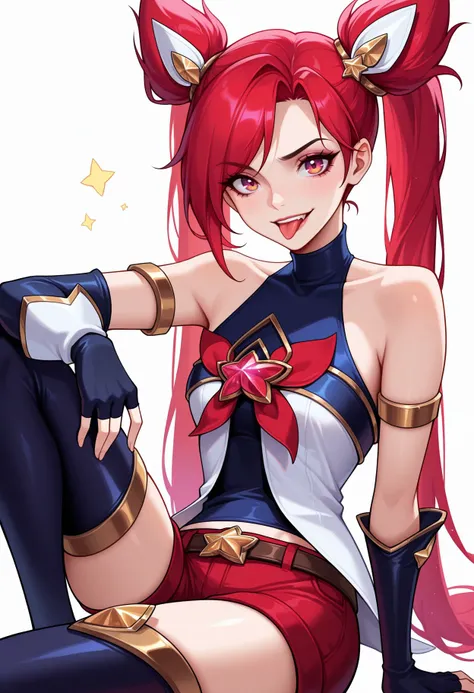 masterpiece, best quality, s, looking at viewer, white background, 
  <lora:Star Guardian Jinx illu:1>,jinx (league of legends), 1girl, star guardian (league of legends), black thighhighs, fingerless gloves, red shorts, red hair, sitting, tongue out, bare ...