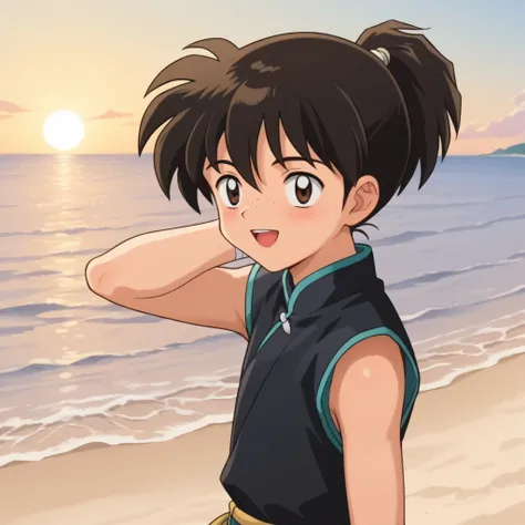 Uncensored, score_9, score_8_up, score_7_up, source_anime, highly detailed, 5 fingers, (masterpiece), best quality, expressive eyes, perfect face, screenshot,  anime footage, official design, anime screnshot,  young, 1boy, solo, ponytail, brown eyes, freck...