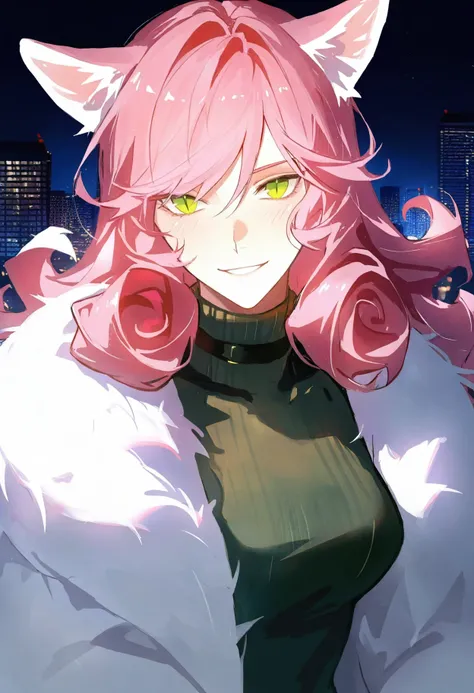 1catgirl, skinny, medium breasts, pink tail, long hair, curly hair, pink hair, green eyes, slit pupils, beautiful girl, detailed eyes looking at viewer, blush, smile,
fur coat, hugging fur, turtleneck sweater, choker, close up face, night city, 
 <lora:lmi...