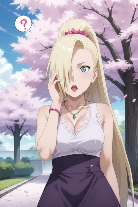 score 9, score 8 up, score 7 rating_safe, high res image, masterpiece, best quality, source anime, intricate details, anime screencap, official style, solo, 1girl, ino yamanaka, wedding outfit, ponytail, hair flower, confused, open mouth, shock,  spoken qu...