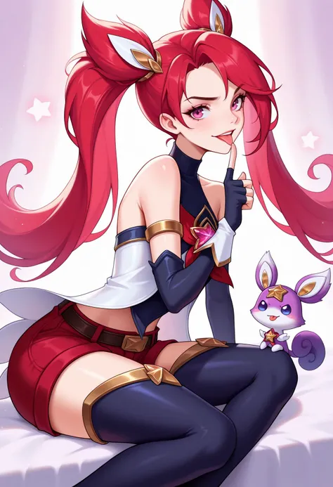 masterpiece, best quality, s, looking at viewer,,
  <lora:Star Guardian Jinx illu:1>,jinx (league of legends), 1girl, star guardian (league of legends), from side, black thighhighs, fingerless gloves, red shorts, red hair, sitting, tongue out, bare shoulde...