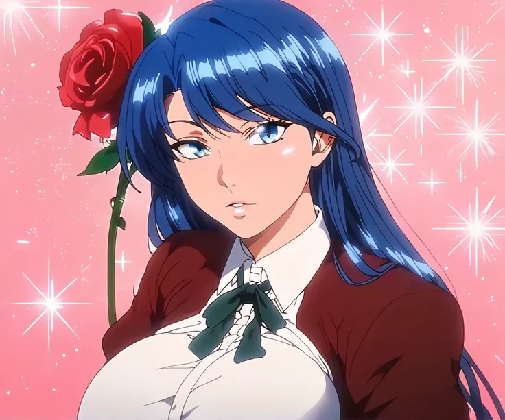 "0" :"0t0m3, 1girl, solo, long hair, breasts, looking at viewer, blue eyes, large breasts, shirt, school uniform, blue hair, upper body, flower, sparkle, pink background,flower,((large breast 1:1.6, shinny skin,rose))",
