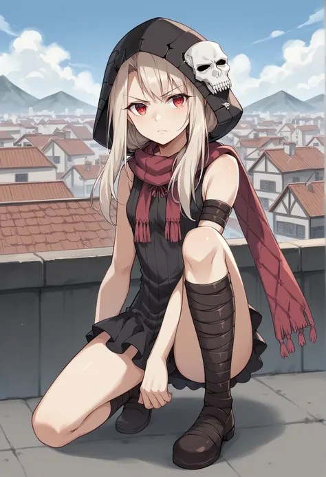 1girl, white hair, red eyes, long hair, hood, hood up, skull, scarf, short dress, black dress, sleeveless, arm wrap, armlet, leg wrap, on rooftop, on one knee, holding kunai, serious   <lora:Illya_pony_v2:1>, score_9, score_8_up, score_7_up, score_6_up, sc...