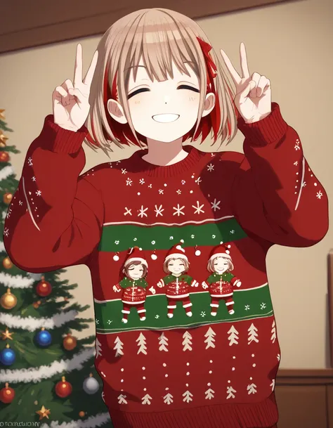 score_9, score_8_up, score_7_up, source_anime, <lora:asahi-serizawa-s2-ponyxl-lora-nochekaiser:1>, asahi serizawa, short hair, blue eyes, brown hair,, <lora:christmas-sweater-ponyxl-lora-nochekaiser:1>, christmas sweater, christmas, ugly sweater, print swe...