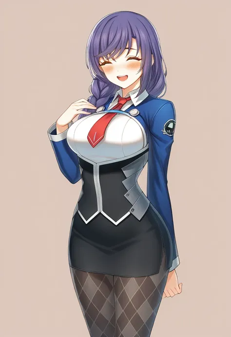 1girl,alice wiseman,closers,from avode,blush,laughing,breasts,large breasts,purple hair,shirt skirt,argyle pantyhose,red necktie,braid,smile,yellow eyes,game cg,official art,best quality,amazing quality, very aesthetic, highres, incredibly absurdres,year 2...