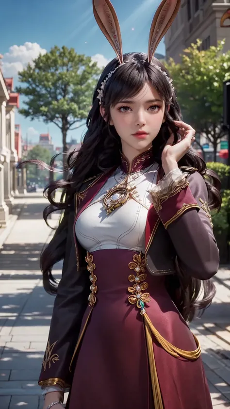 masterpiece,best quality,official art,extremely detailed CG unity 8k wallpaper,light rays,light particles,CG,
1girl,long hair,solo,sky,day,outdoors,tree,rabbit ears,animal ears,black hair,blue sky,jewelry,upper body,cloud,building,looking at viewer,copyrig...