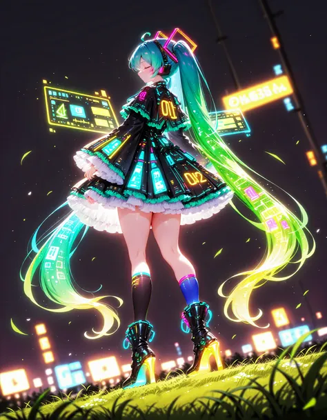  MGB, 1girl, solo, long hair, simple background, long sleeves, dress, closed mouth, very long hair, twintails, standing, blue hair, full body, closed eyes, ahoge, multicolored hair, frills, boots, green hair, socks, wide sleeves, black footwear, from behin...