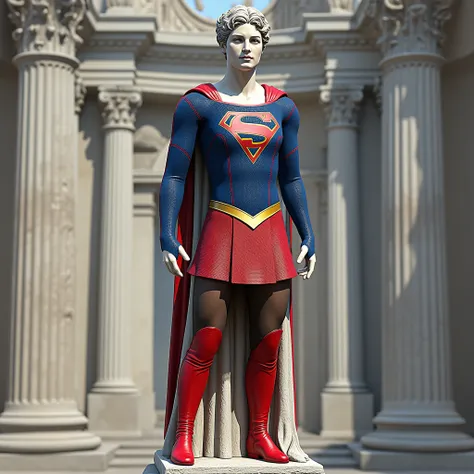 photo picturing a roman marble stone statue in a temple dressed in red and blue sg outfit shirt cape belt skirt tights boots