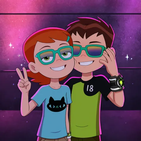 parody, <lora:bengwen:0.8>,ben,1boy,brown hair, omnitrix, bracelet,  green eyes,neon light,sunglasses,sparkle,adjusting eyewear,camp,1girl,gwen,orange hair,hairpin,v, looking at viewer, half-closed eyes, seductive smile, cheek-to-cheek,