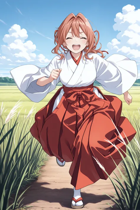 masterpiece, best quality, 1girl, solo, <lora:amagamiyuna-illu-nvwls-v1-000006:1> amagamiyuna, hair intakes, long hair, sidelocks, low ponytail, hair ribbon, white kimono, red hakama skirt, wide sleeves, running, full body, field, sandals, tall grass, wind...