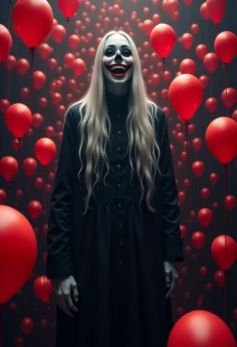 A haunting figure stands tall, shrouded in black, with unnaturally long, flowing white hair and a painted, ghastly smile on its pale mask-like face. Around it, dozens of identical grinning masks float in a chaotic swarm, each accompanied by glowing red bal...