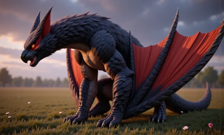 hyperrealistic art of a dragon in a field, the dragon has a winged arm. the dragon has a red glowing eye. aidmaHyperrealism, mythp0rt, n4rg4cug4. extremely high-resolution details, photographic, realism pushed to extreme, fine texture, incredibly lifelike,...