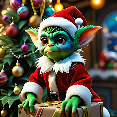 masterpiece, intricate photo, christmas gremlin, background kids elven toy factory at the north pole, christmas tree, festively decorated, christmas gifts, photo realistic, hyper realistic, highly detailed, sharp focus, best quality, high resolution, color...