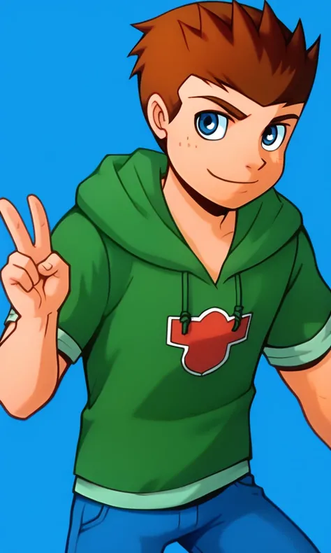 powerpack_jack, 1boy, male focus,solo, brown hair, blue eyes, green hood,blue pants,peace sign, blue background,  simple background, spiked hair