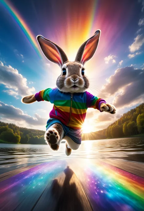 comic (rabbit) is (running:1.05) to the viewer whilst Moulting,, (dynamic:1.1), sun rays,, (taken by 7.5mm fisheye lens:1.1) (looking to the right) = With a rainbow nebula background elements . Epic dynamic lighting .(2. Serene Lakeside Sunset) = = ((Vivid...