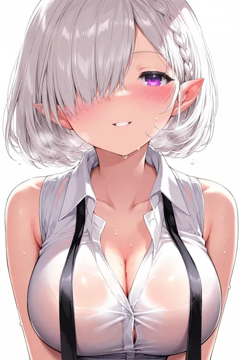 masterpiece,best quality,1girl,solo,absurdres,
1girl, breasts, solo, shirt, pointy ears, hair over one eye, purple eyes, braid, looking at viewer, blush, large breasts, smile, short hair, white shirt, cleavage, collared shirt, upper body, white hair, sleev...