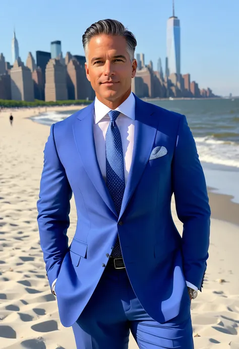 CEO in a buisness suit on the beach in New York, Manhattan, urban, masterpiece, best qualityâââ