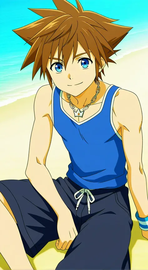 score_9, score_8_up, score_7_up, source_anime, highres, (masterpiece, best quality, (anime, anime coloring:1.3),1boy,solo,male focus,Anime screencap,sora(kh),brown hair,blue eyes,spiked hair,jewelry,necklace,blue tank top,baggy pants,shorts,smile,beach