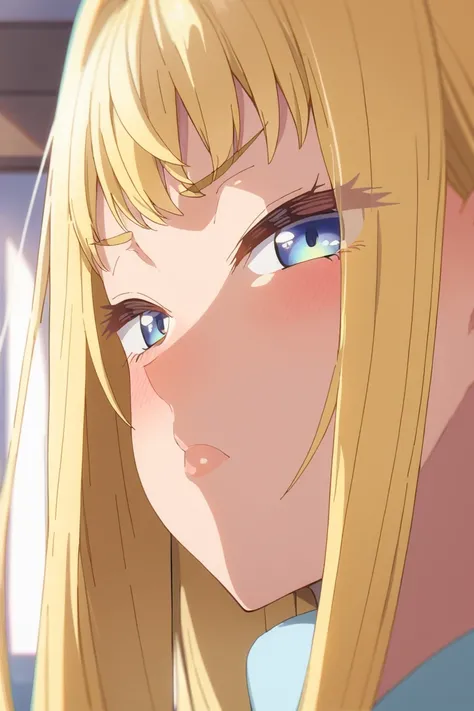 score_9, score_8_up, score_7_up, source_anime, minami, blonde hair, long hair, bang, blue eyes, blush, pout, pouty lips, face focus, close up, looking at viewer, from side, face focus, indoors, solo, best quality, high quality