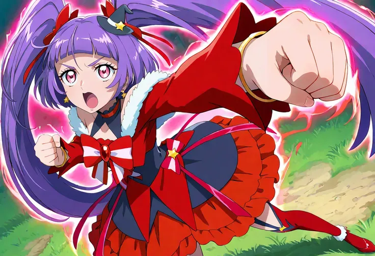 masterpiece, best quality, absurdres, very aesthetic, general,
cure magical, cure magical (ruby style), crmgclruby, 1girl, purple hair, witch hat, solo, twintails, mini hat, black headwear, open mouth, purple eyes, looking at viewer, red bow, blunt bangs, ...
