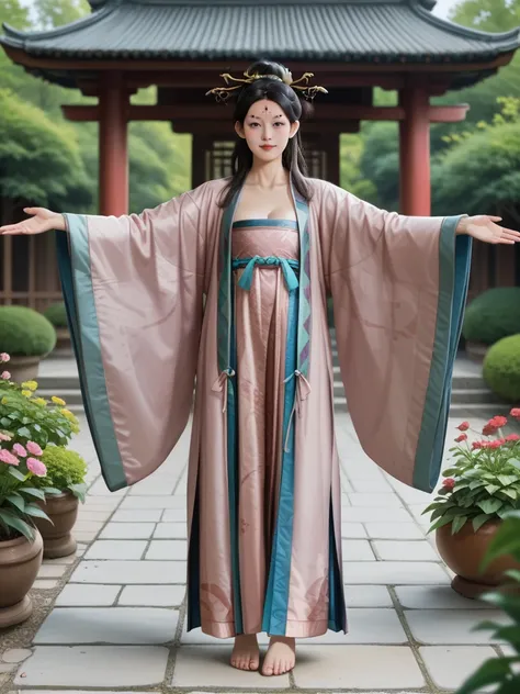 score_9,score_8_up,score_7_up,score_6_up,score_5_up,score_4_up BREAK
zzsanmei,1girl,purple wide sleeves,blue hanfu,forehead mark,hair ornament,barefoot,standing,full body,seductive smile,looking at viewer,
garden,east asian architecture,depth of field,,<lo...