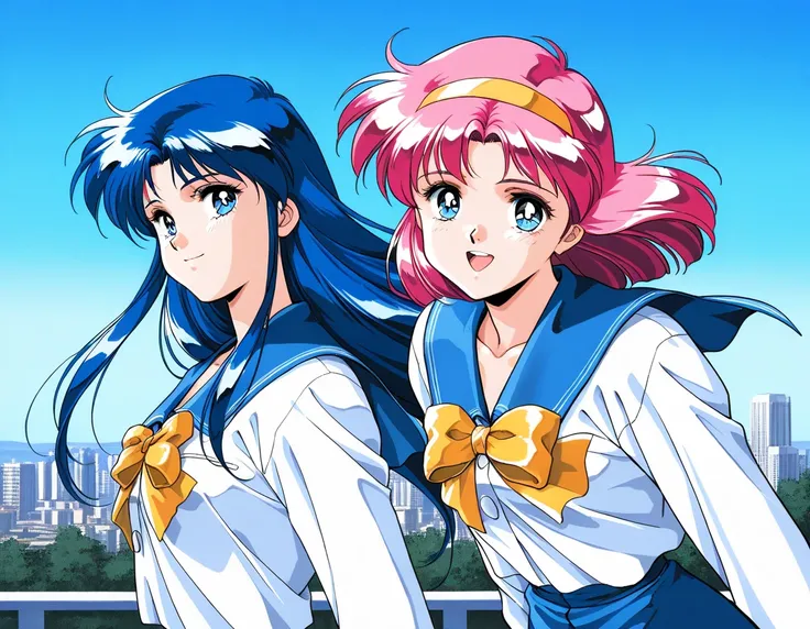 masterpiece, best quality, good quality, <lora:AiShimai_Futari_no_Kajitsu_IS:1> Kitazawa_Rumi, 1girl, blue hair, breasts, long hair, blue eyes, 
school uniform, serafuku, retro artstyle, 1990s (style) BREAK, Kitazawa_Tomoko, 1girl, pink hair, Yellow hairba...