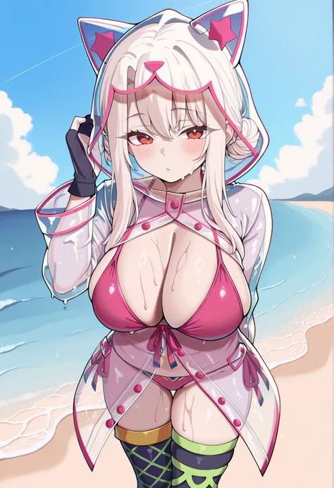 1girl, solo, white hair, red eyes, long hair, double bun, pink bikini, asymmetrical legwear, partially fingerless gloves, raincoat, see-through, cat Hood, hand on hair, outdoors, beach, big breasts <lora:Illya_Illus:1>, masterpiece, best quality, amazing q...