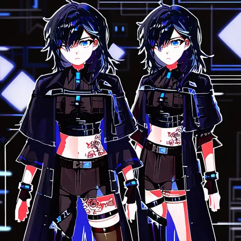 AyaseYuu, blue eyes, black hair, blue hair, black gloves, black shirt, multicolored hair, midriff, fingerless gloves, crop top, navel, tattoo, streaked hair, belt, black coat, necktie, single thighhigh, monocle, capelet, short sleeves, single pantsleg, bre...