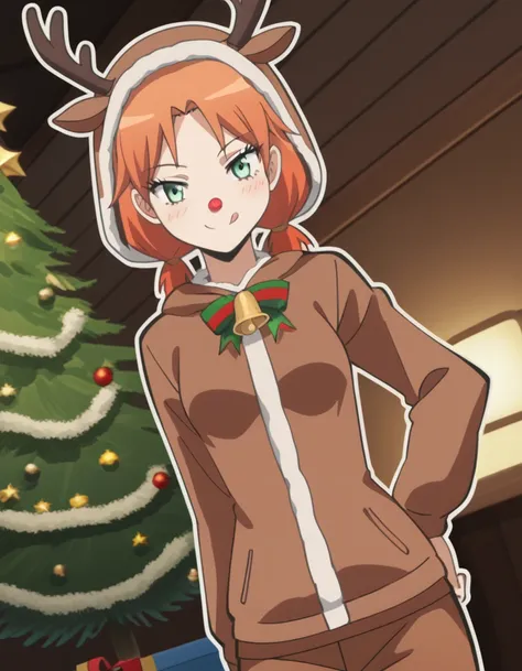 score_9, score_8_up, score_7_up, source_anime, <lora:rinka-hayami-s1s2-ponyxl-lora-nochekaiser:1>, rinka hayami, twintails, green eyes, orange hair, medium breasts, anime screencap,, <lora:reindeer-costume-ponyxl-lora-nochekaiser:1>, reindeer costume, anim...