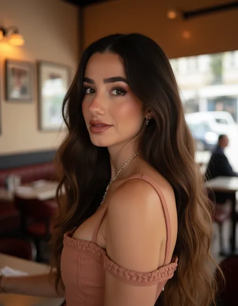 <lora:Lola_Moreno_Flux:1>  beautiful detailed photograph, of a young woman with hair cascading over her shoulder, wearing a boatneck dress, makeup, standing in a cafe, looking at the viewer.