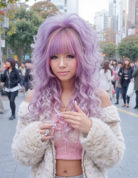<lora:Female_Archeotypes_-_Japanese_Gyaru:1>street photo of gyaru woman with heavy tan and fancy hair-do, 1girl, red eyes, Lilac hair