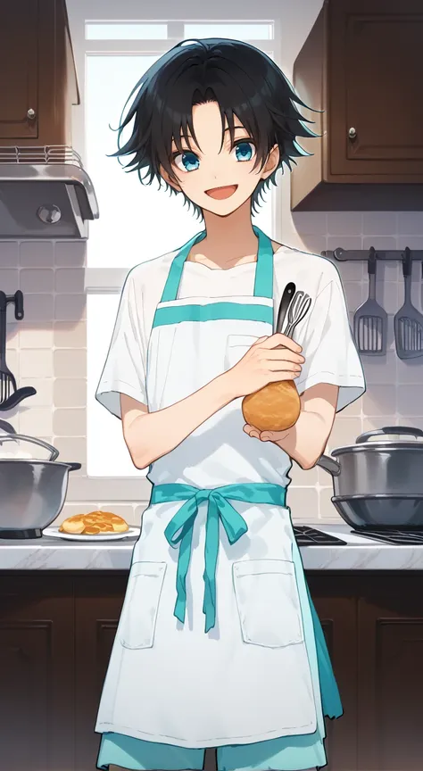 Score_9,score_8_up,score_7_up,Highly detailed, masterpiece, high quality, beautiful, high resolution, good details,1boy,solo,male focus,mezcla5v2,hitsugi rio,black hair,short hair,blue eyes,smile,shorts,kitchen,apron,pants,open mouth