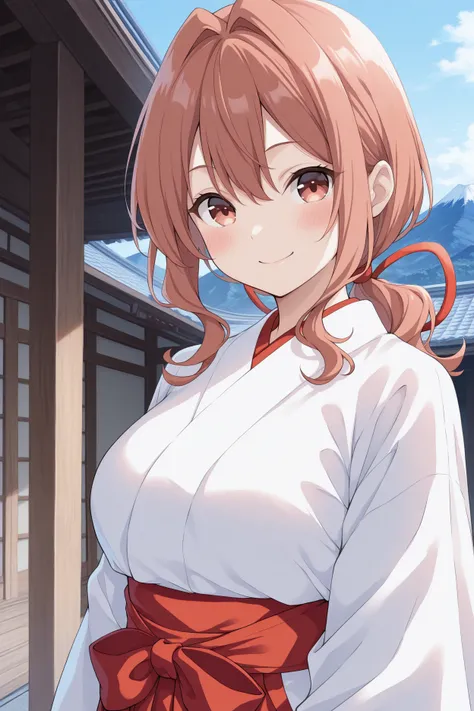 masterpiece, best quality, 1girl, solo,  <lora:amagamiyuna-illu-nvwls-v1-000006:1> amagamiyuna, hair intakes, long hair, sidelocks, low ponytail, hair ribbon, white kimono, red hakama skirt, wide sleeves, upper body, blue sky, smile, blush, japanese archit...