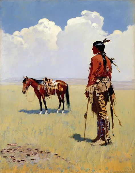 a Remington painting of an Indian scout looking at horse tracks on the ground, on the plains, standing next to his horse in 1867   <lora:FRemington-000001:1>