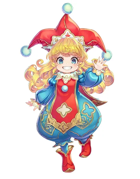 <lora:GAME_STYLE_Echoes_of_Mana_IL:1>,
airbrush (medium),
BREAK
1girl, solo, blonde hair, hat, smile, long hair, white background, simple background, blue eyes, curly hair, jester cap, full body, grin, looking at viewer, long sleeves, waving, pom pom (clot...