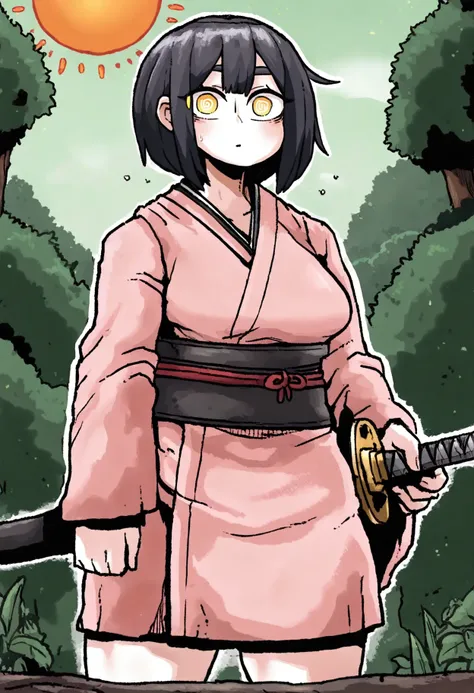 1girl, black short hair, bright yellow eyes, asian, medium breasts, oval face, plump,
pink kimono, standing, holding sword, katana,
fright, surprise, @_@, looking at viewer,
forest, sun, clouds, cowboy shot,
 <lora:octosoupIL-style:1>, octosoup,