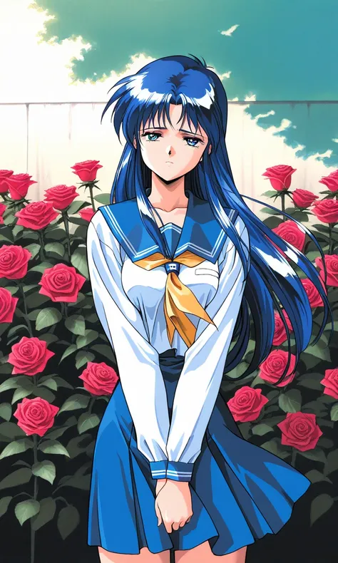 masterpiece, best quality, good quality, <lora:AiShimai_Futari_no_Kajitsu_IS:1> Kitazawa_Rumi, 1girl, blue hair, breasts, long hair, blue eyes, 
school uniform, serafuku, 1990s (style), sad, v arms,
 cowboy_Shot, looking at viewer,
outdoor, flower, rose,