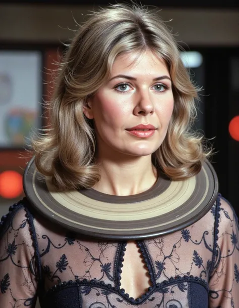 wearing a space dress with a large disc collar that looks like the rings of saturn and goes all the way around her neck ridiculous with different colored rings <lora:loretta-swit-hotlips-houlihan-flux:1>