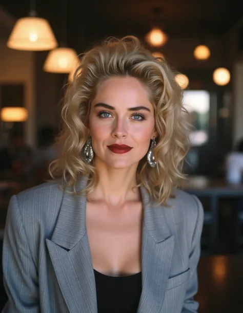 <lora:Sharon_Stone_1990s_Flux:1> This is a photograph of a woman with a striking appearance. She has fair skin and curly, voluminous blonde hair styled in a voluminous, 1980s-inspired look. Her eyes are a striking blue, and she wears dark red lipstick, add...