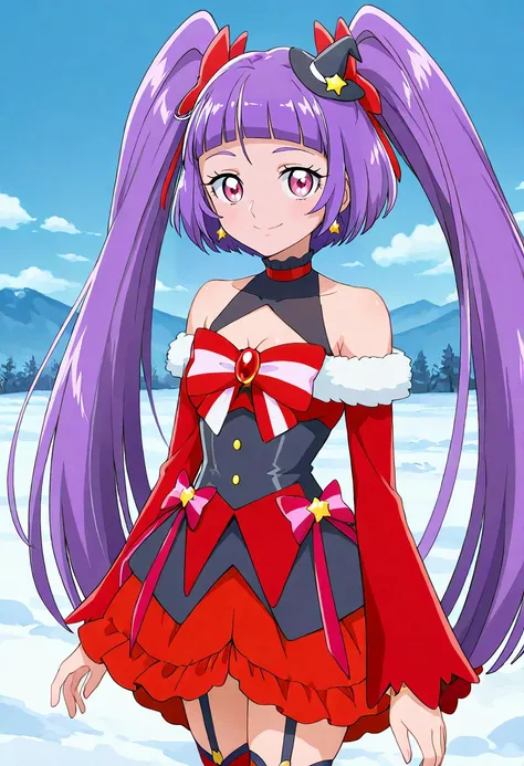 masterpiece, best quality, absurdres, very aesthetic, general,
cure magical, cure magical (ruby style), crmgclruby, 1girl, solo, purple hair, twintails, witch hat, mini hat, looking at viewer, purple eyes, black headwear, red bow, garter straps, star earri...