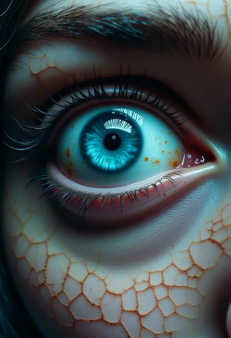 A close-up of a wide, terrified blue eye surrounded by cracked, dirt-covered skin. The eye glistens with fear, veins bloodshot and prominent, reflecting a faint, unrecognizable silhouette in its iris. The rough texture of the surrounding skin adds to the u...