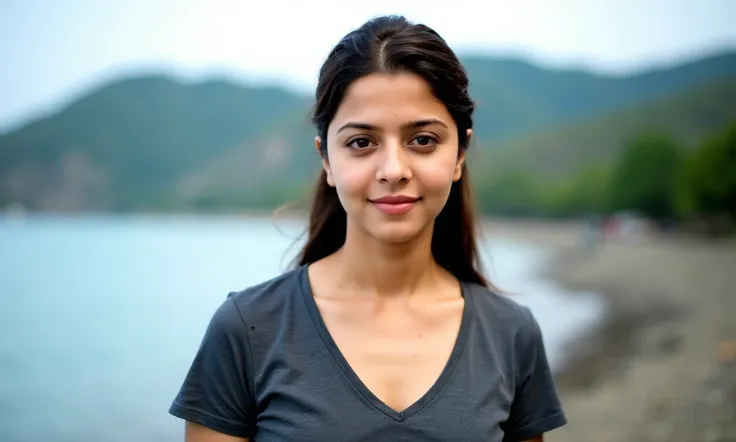 Close-up portrait of vedhikakuukohwx .  She wears a dark gray, possibly charcoal, v-neck t-shirt, simple and casual. Facial expression is neutral, almost contemplative, with soft, direct gaze toward the viewer. Light makeup subtly enhances her features, an...