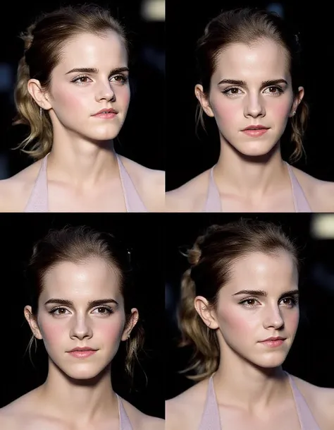 Contact sheet with 4 images of Emma Watson her hair is styled in a Slicked back, her make-up is subtle and natural, with a hint of pink blush on her cheeks and glossy lip, dark eyeliner and mascara, wearing a sleeveless shirt, black background <lora:Emma W...